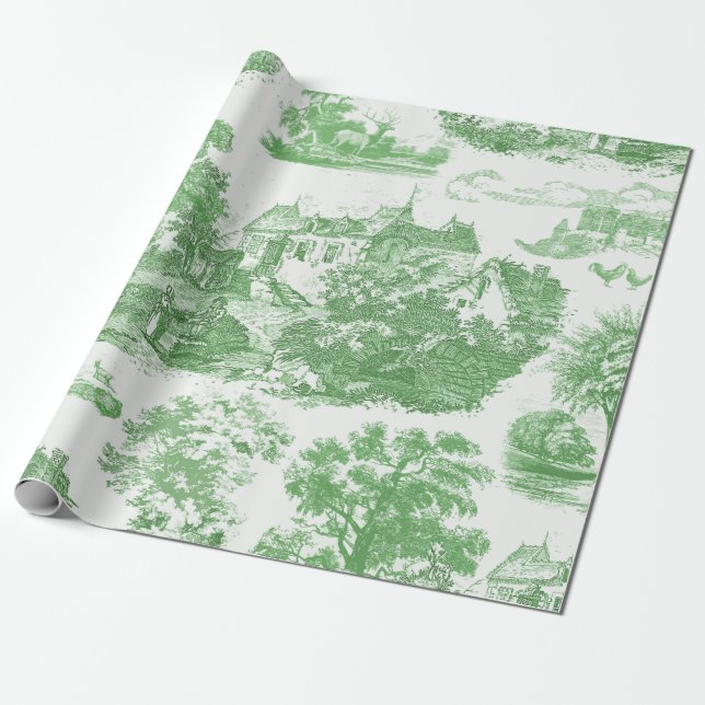 Classic Green Vintage French Chateau Toile Wrapping Paper (Unrolled)