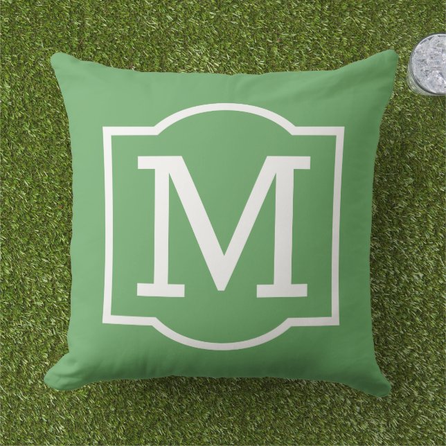 Classic Green White Bracket Monogram Outdoor Pillow (Grass)