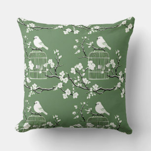 Classic Green & White Chinoiserie Birdcage Throw Pillow