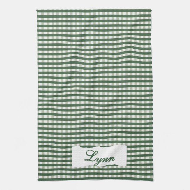 Classic Green & White Gingham | Personalized Name Kitchen Towel (Vertical)