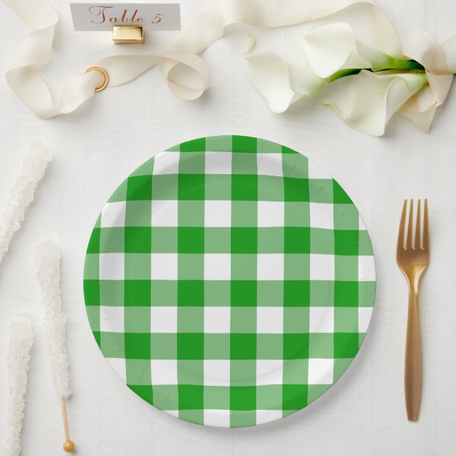 Classic Green & White Gingham Summer Picnic Paper Plates (Wedding)