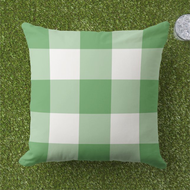 Classic Green White Large Gingham Check Outdoor Pillow (Grass)