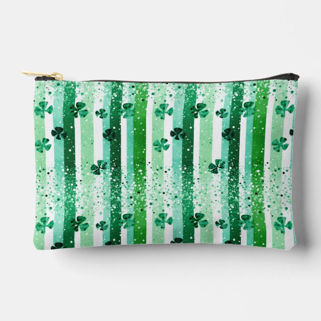 Classic Green White Vertical Stripes Shamrocks Accessory Pouch (Front)