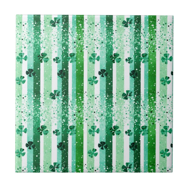 Classic Green White Vertical Stripes Shamrocks Ceramic Tile (Front)