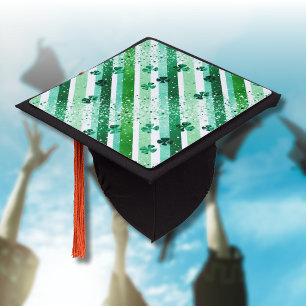 Classic Green White Vertical Stripes Shamrocks Graduation Cap Topper