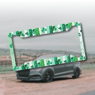 Classic Green White Vertical Stripes Shamrocks License Plate Frame
