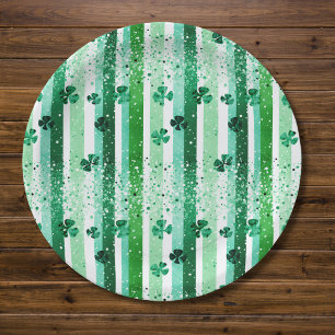 Classic Green White Vertical Stripes Shamrocks Paper Plates