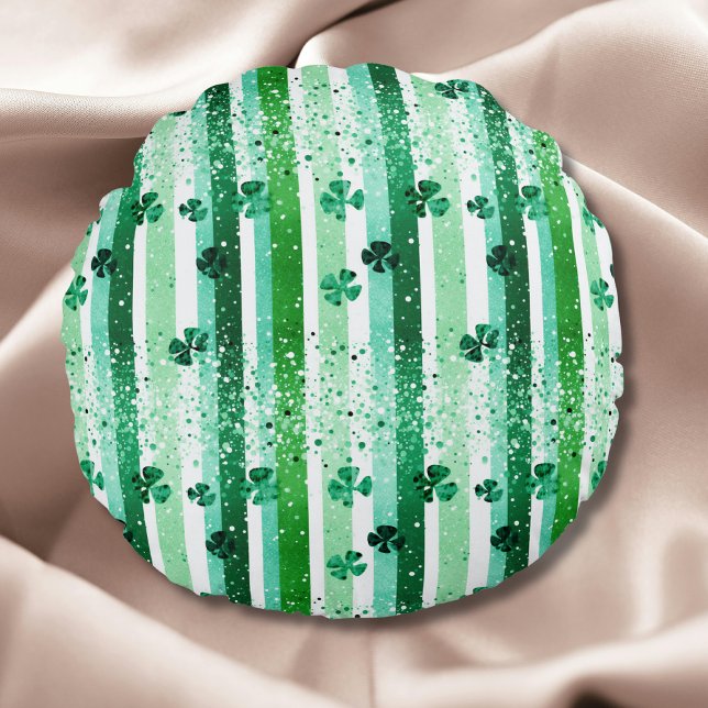 Classic Green White Vertical Stripes Shamrocks Round Pillow (Creator Uploaded)