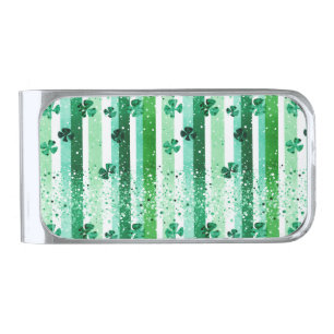 Classic Green White Vertical Stripes Shamrocks Silver Finish Money Clip