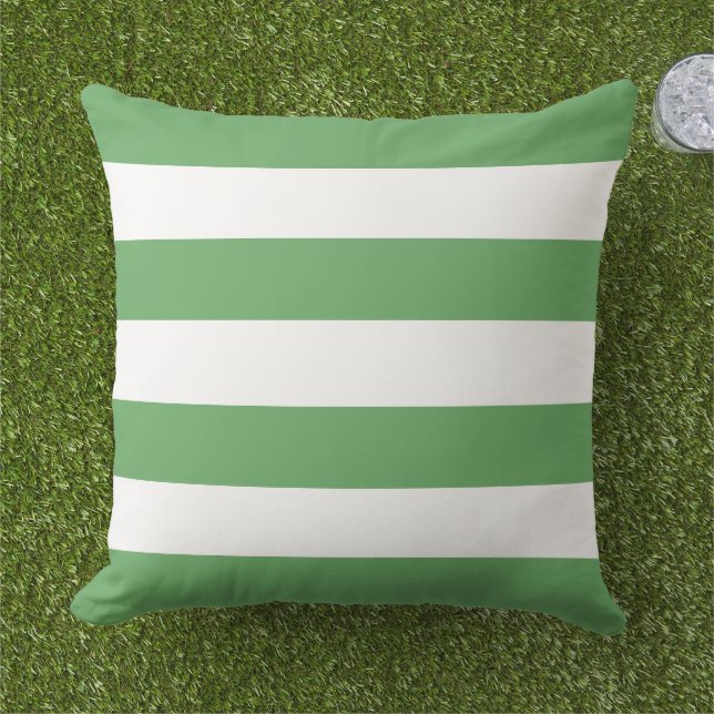 Classic Green White Wide Horizontal Stripe Outdoor Pillow (Grass)