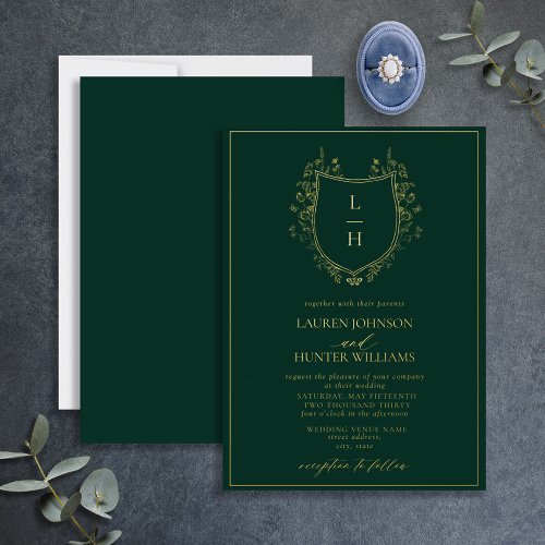 Classic Green Wildflower Monogram Crest Wedding Foil Invitation