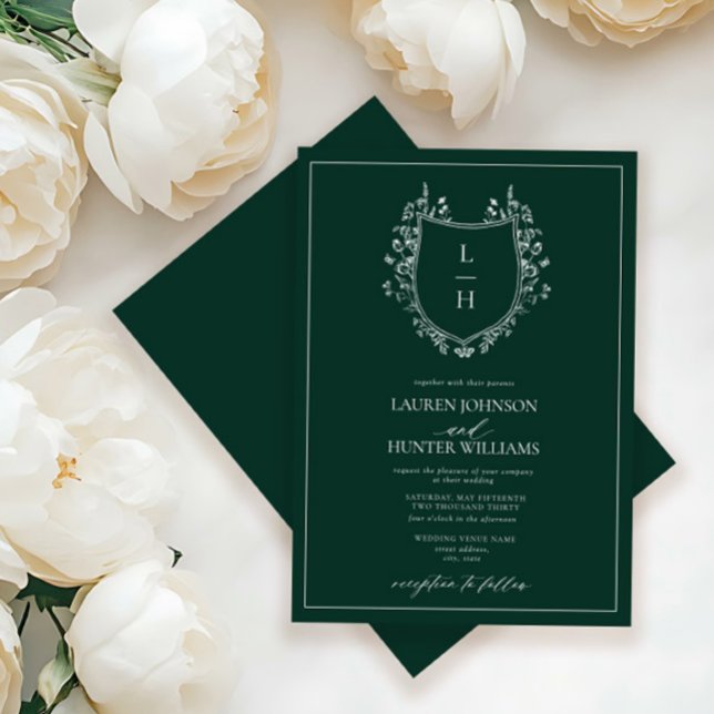 Classic Green Wildflower Monogram Crest Wedding Invitation (Creator Uploaded)