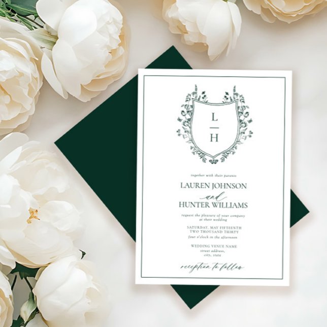 Classic Green Wildflower Monogram Crest Wedding Invitation (Creator Uploaded)