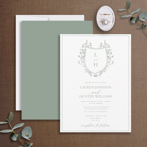 Classic Green Wildflower Monogram Crest Wedding Invitation
