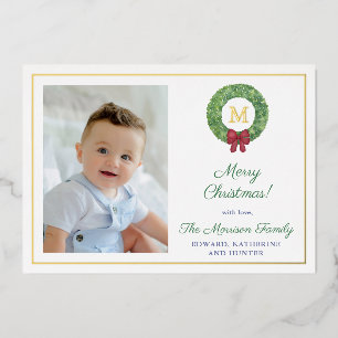 Classic Green Wreath Monogram Family Picture Gold Foil Holiday Card
