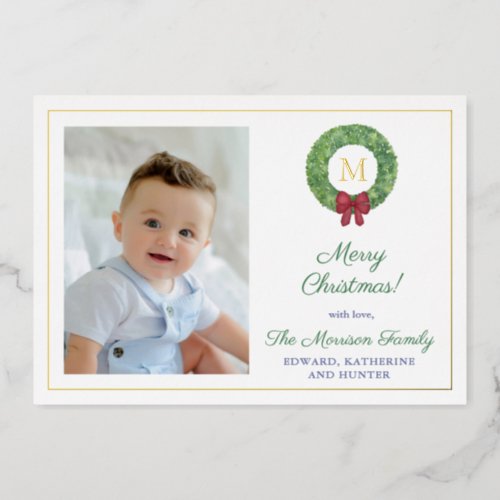 Classic Green Wreath Monogram Family Picture Gold Foil Holiday Card