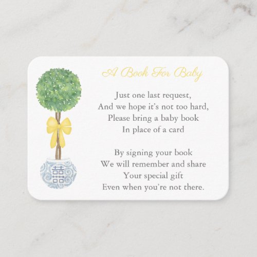 Classic Green Yellow Bow Bring A Book Baby Shower Enclosure Card - Preppy handpainted watercolor boxwood topiary in a ginger jar planter for this baby shower enclosure card design.