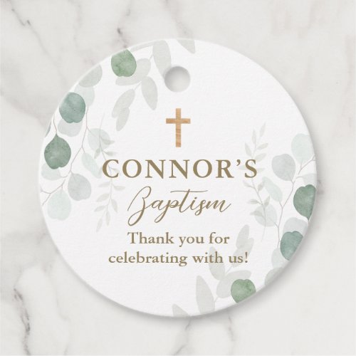 Classic Greenery and Wood Baptism or Christening F Favor Tags