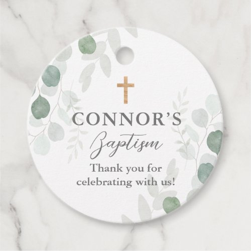 Classic Greenery and Wood Baptism or Christening Favor Tags