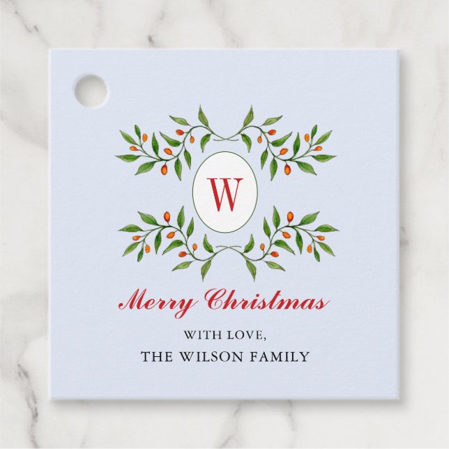 Classic Greenery & Citrus Monogram Christmas  Favo Favor Tags (Front)