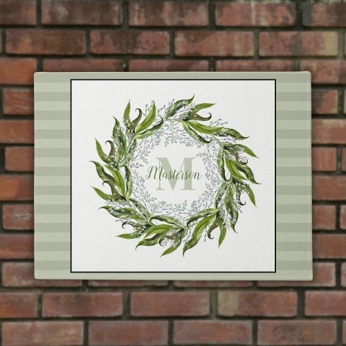 Classic Greenery Wreath Monogram Sage Stripes Doormat