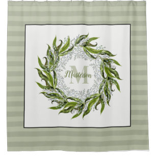Classic Greenery Wreath Monogram Sage Stripes  Shower Curtain