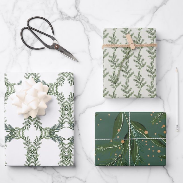 Classic Greens Pine Wreath Christmas Holiday Wrapping Paper Sheets (Front)