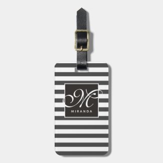 Classic Grey and White Striped Script Monogram Luggage Tag