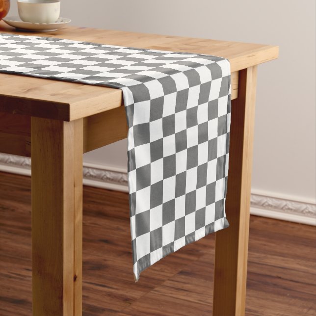 Classic grey checkerboard short table runner (In Situ)