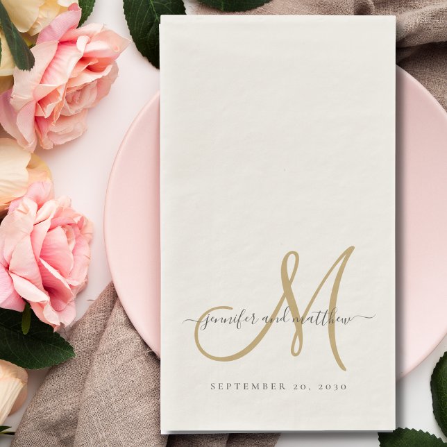 Classic Grey Ecru Gold Monogram Elegant Wedding Paper Guest Towels (Creator Uploaded)