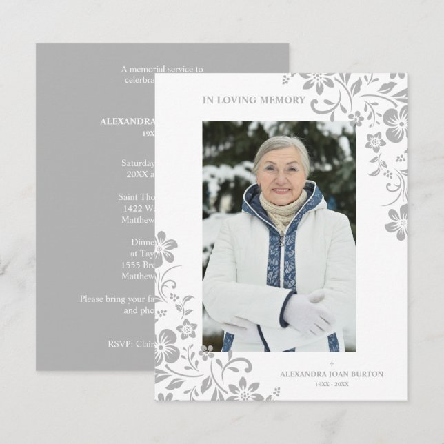 Classic Grey Floral Funeral Service Dear One Photo Note Card (Front/Back)