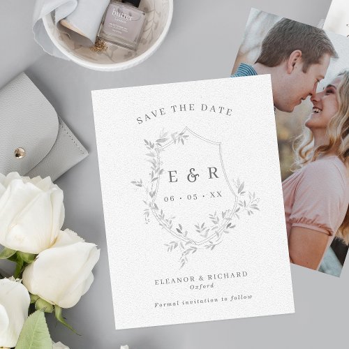 Classic Grey Leaves Crest Monogram Wedding Photo Save The Date