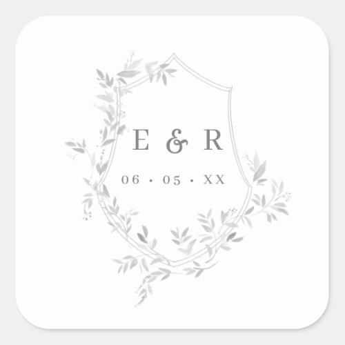 Classic Grey Leaves Crest Monogram Wedding Square Sticker