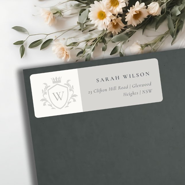 Classic Grey Monogram Floral Crown Crest Address Label (Creator Uploaded)