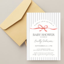 Classic Grey Stripes Red Ribbon Baby Shower