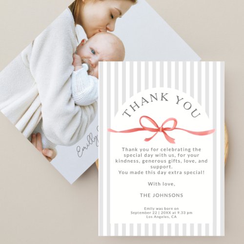 Classic Grey Stripes Red Ribbon Baby Shower Thank You Card