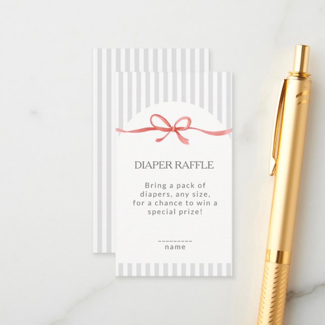 Classic Grey Stripes Red Ribbon Diaper Raffle Enclosure Card (Front/Back In Situ)