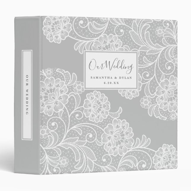Classic Grey + White Lace Wedding Planner  3 Ring Binder (Front/Spine)