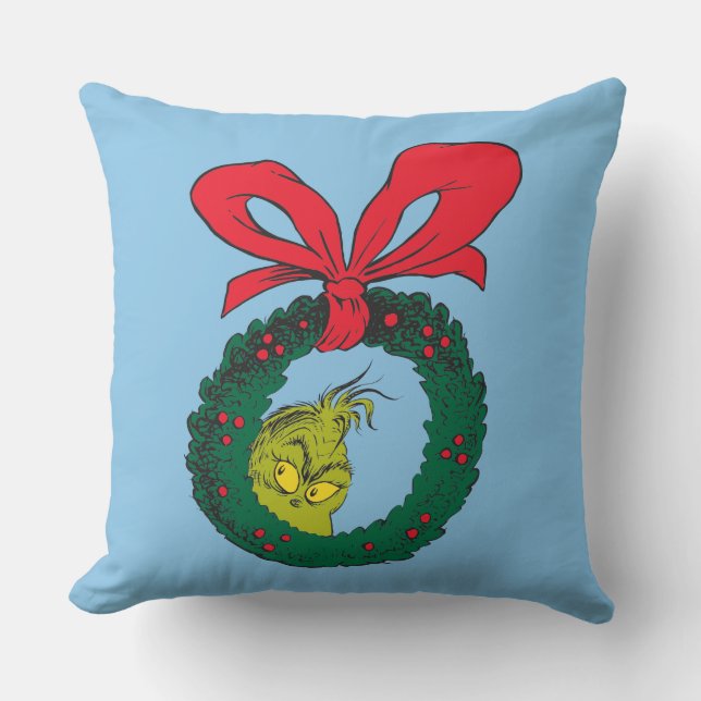 Classic Grinch | Christmas Wreath Throw Pillow (Front)