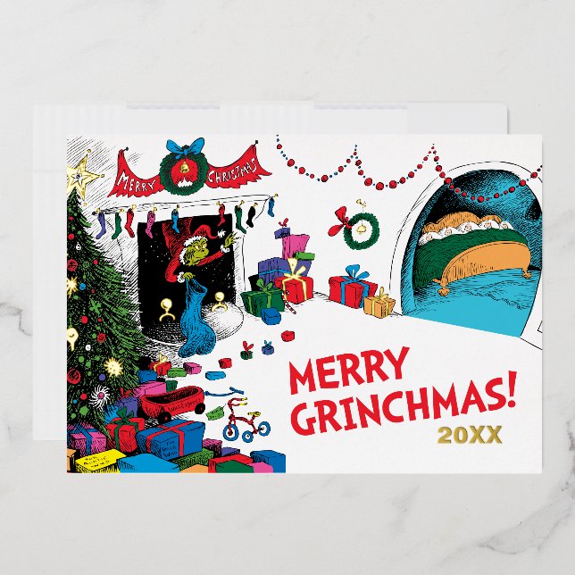 Classic Grinch | Grinch in Chimney Foil Holiday Card (Envelope)