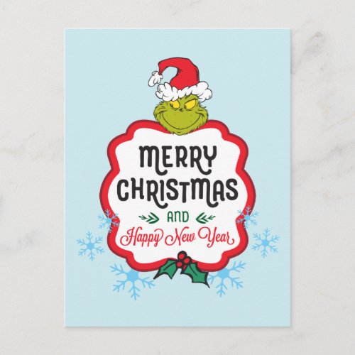 Classic Grinch  Merry Christmas  Happy New Y Holiday Postcard