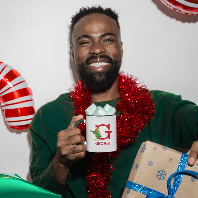 Classic Grinch | Naughty Name & Monogram G Mug (Person holding mug)
