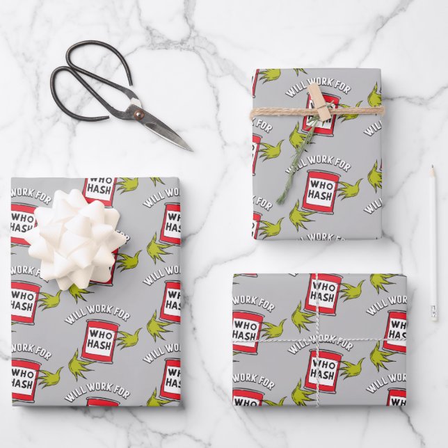 Classic Grinch | Will Work for Who Hash Quote Wrapping Paper Sheets (Front)