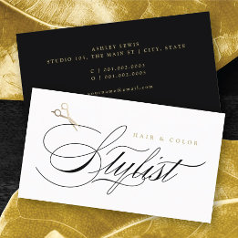 Classic Hair Stylist Calligraphy Gold Scissors Business Card