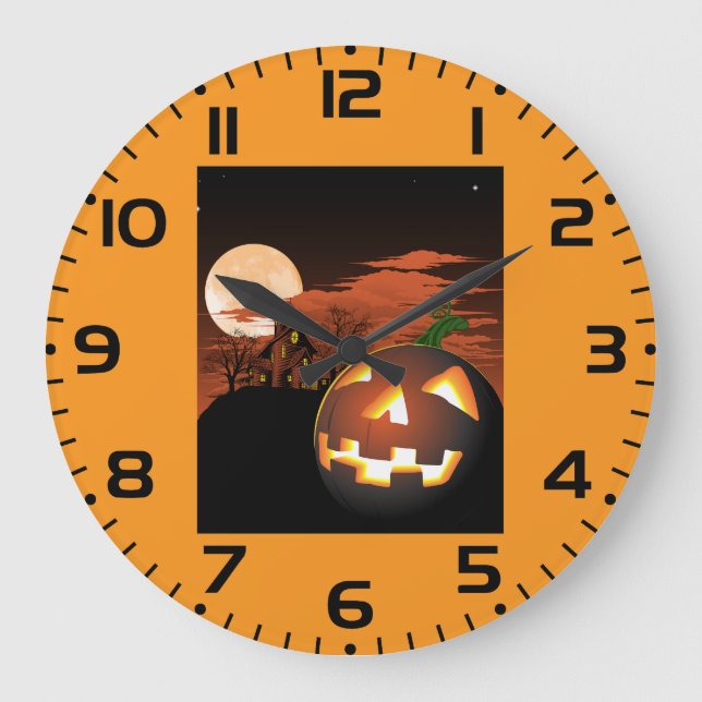 Classic Halloween Jack-O-Lantern Creepy House Large Clock (Front)