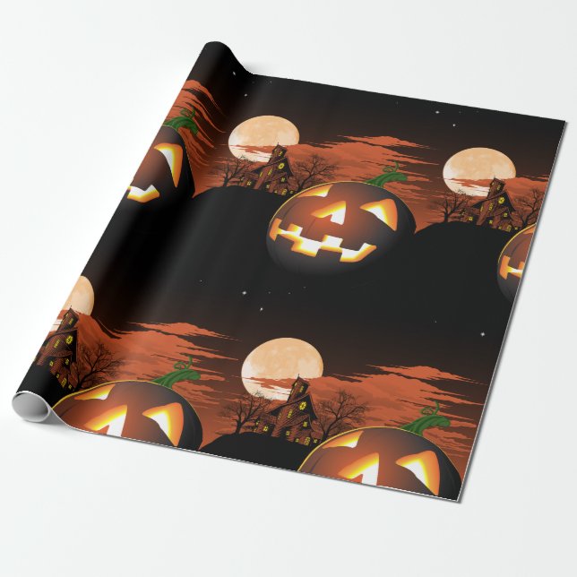 Classic Halloween Jack-O-Lantern Creepy House Wrapping Paper (Unrolled)