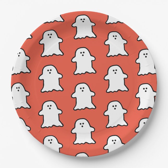 Classic Halloween Orange and White Ghost Paper Plates (Front)