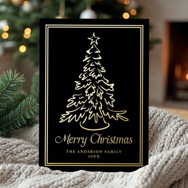 Classic Hand-Drawn Christmas Tree Black Non-Photo Foil Holiday Card (Creator Uploaded)