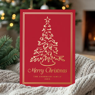 Classic Hand-Drawn Christmas Tree Red Non-Photo Foil Holiday Card