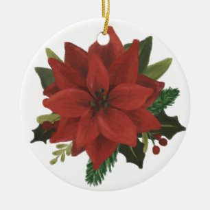Classic Hand Painted Poinsettia Holiday Ceramic Ornament